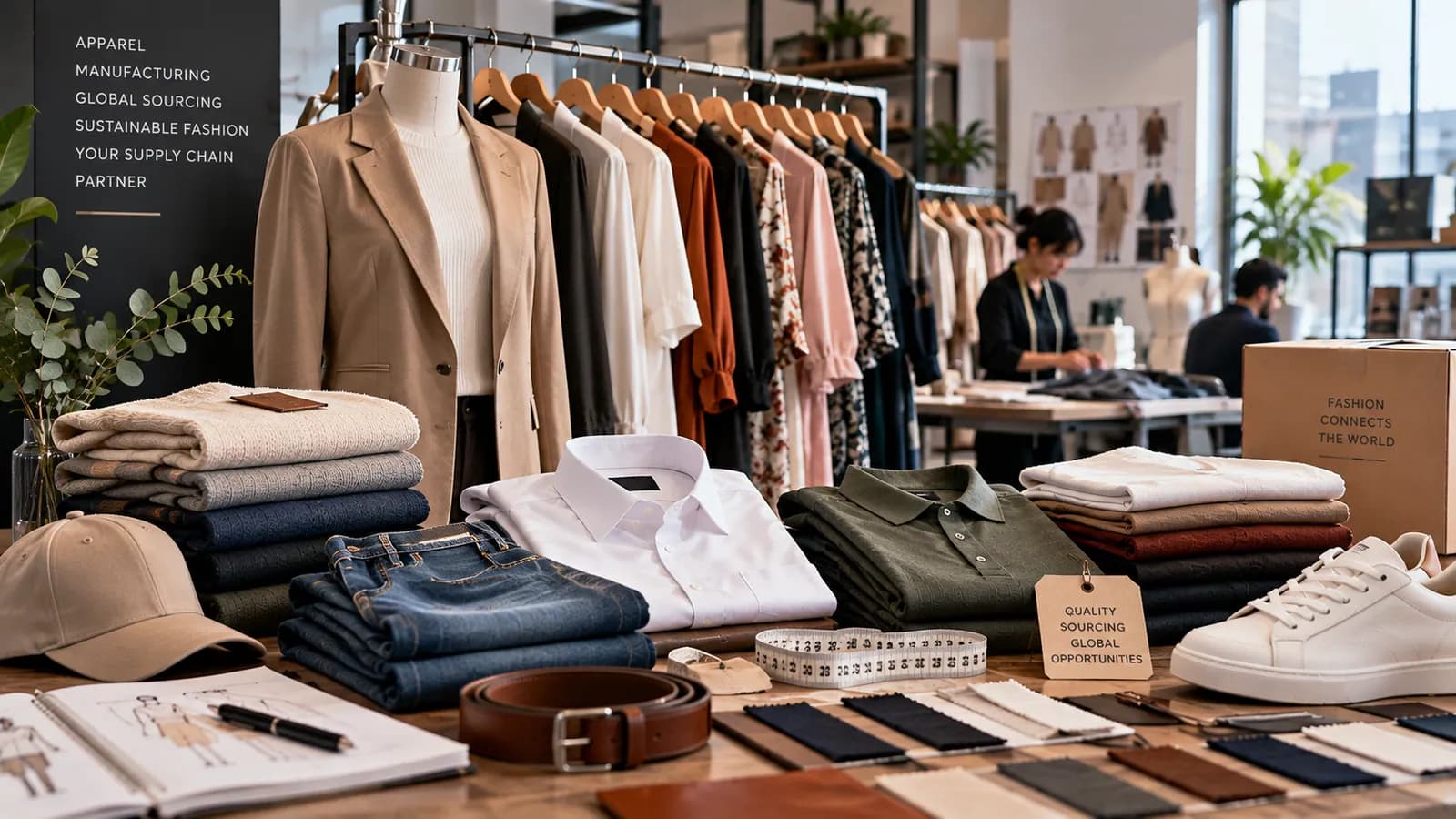 Apparel showroom with folded shirts, jeans, jackets and trainers on a table and garments on rails behind