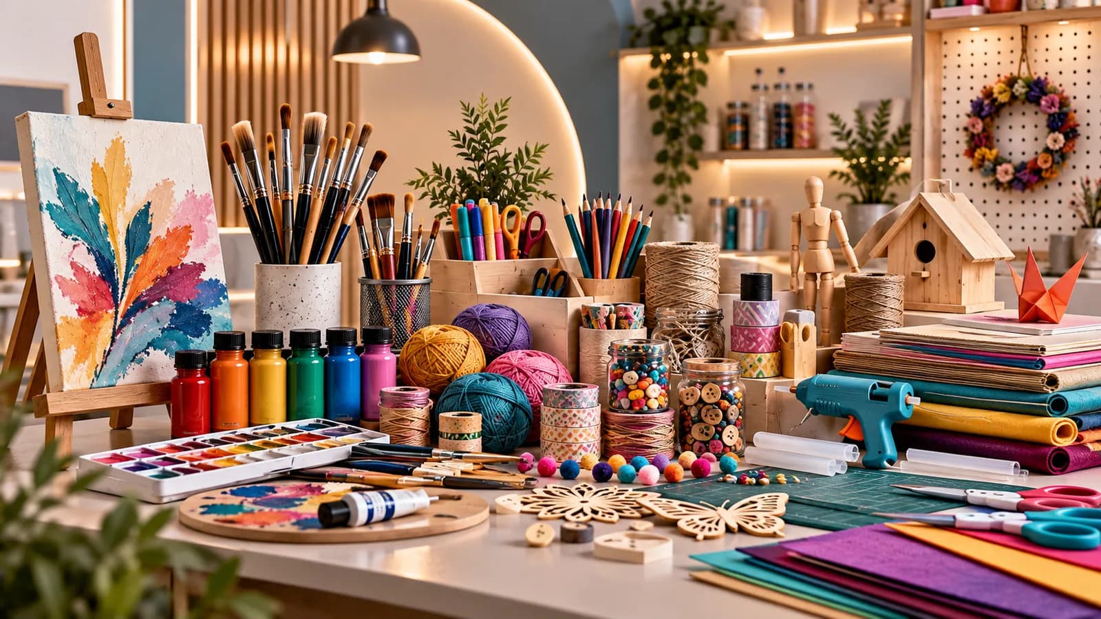Craft supplies on a workbench: paints, brushes, yarn, coloured paper, a glue gun and handmade decorations