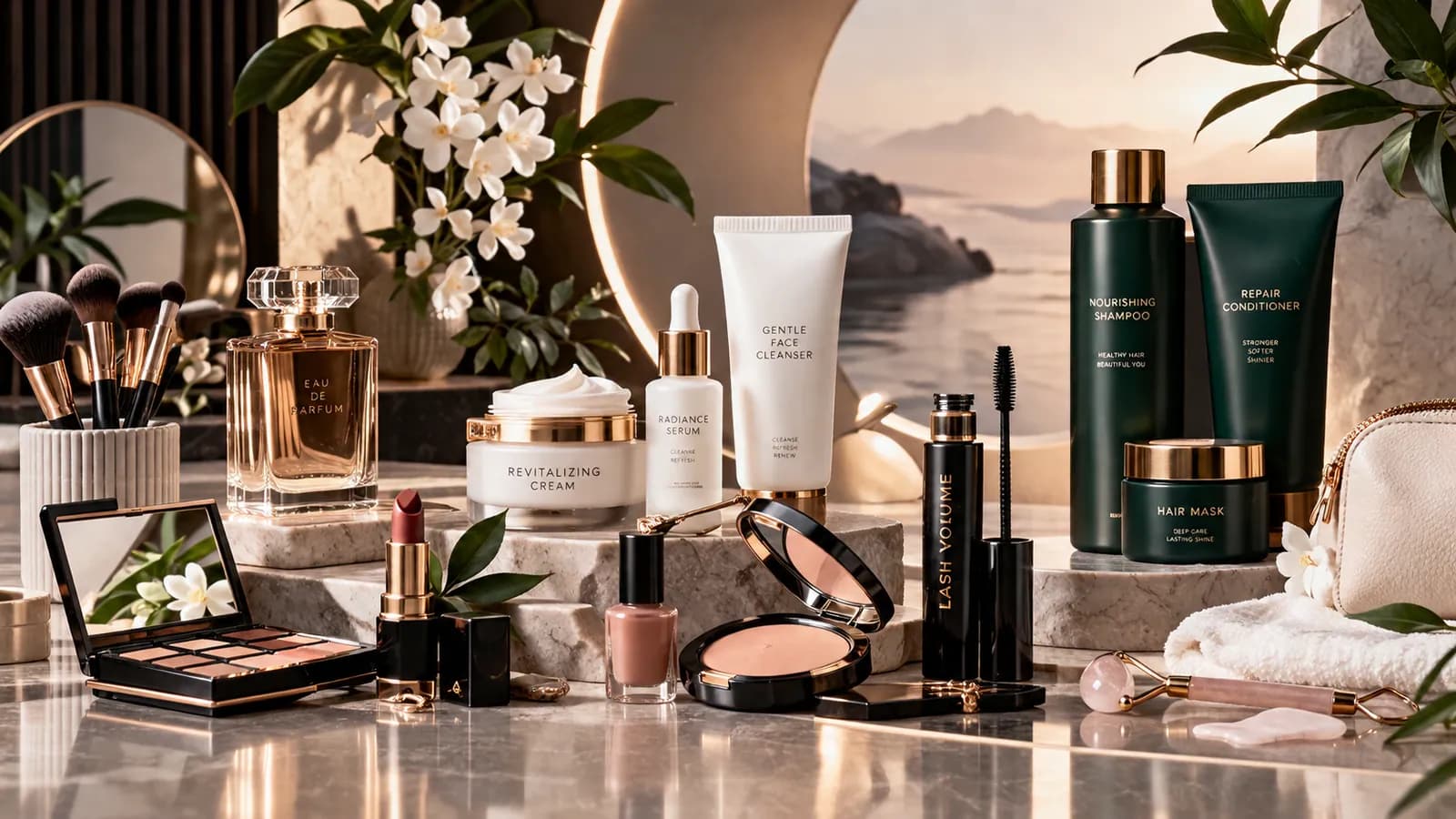 Cosmetics and skincare display with lipsticks, eyeshadow palettes, perfume, cleansers and serums