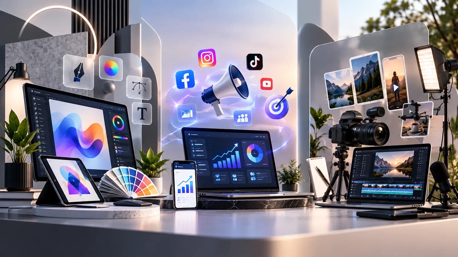 Digital services workspace with design software, analytics dashboards, social media icons and a video camera
