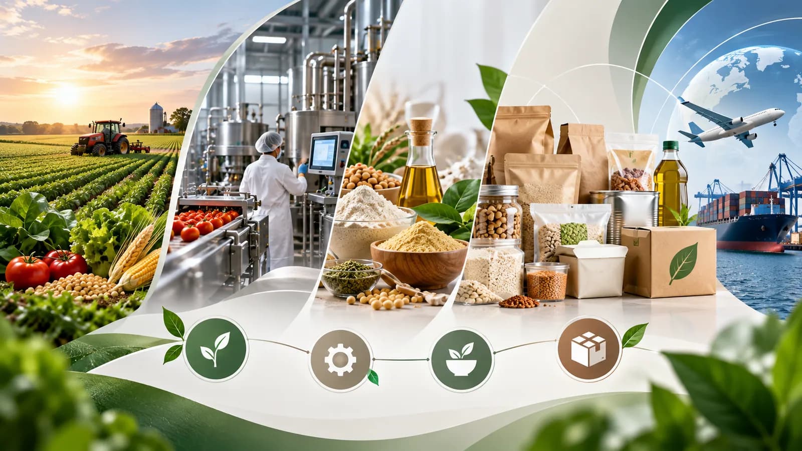 Food supply chain from crop fields and food processing to packaged grains, oils and ingredients ready for export