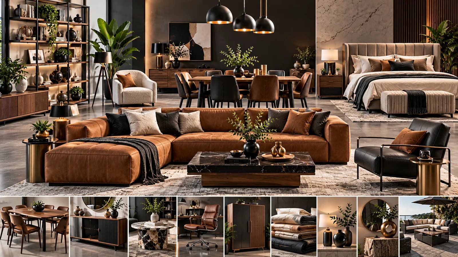 Furniture showroom with a leather sofa, marble coffee table, dining set, upholstered bed and home décor
