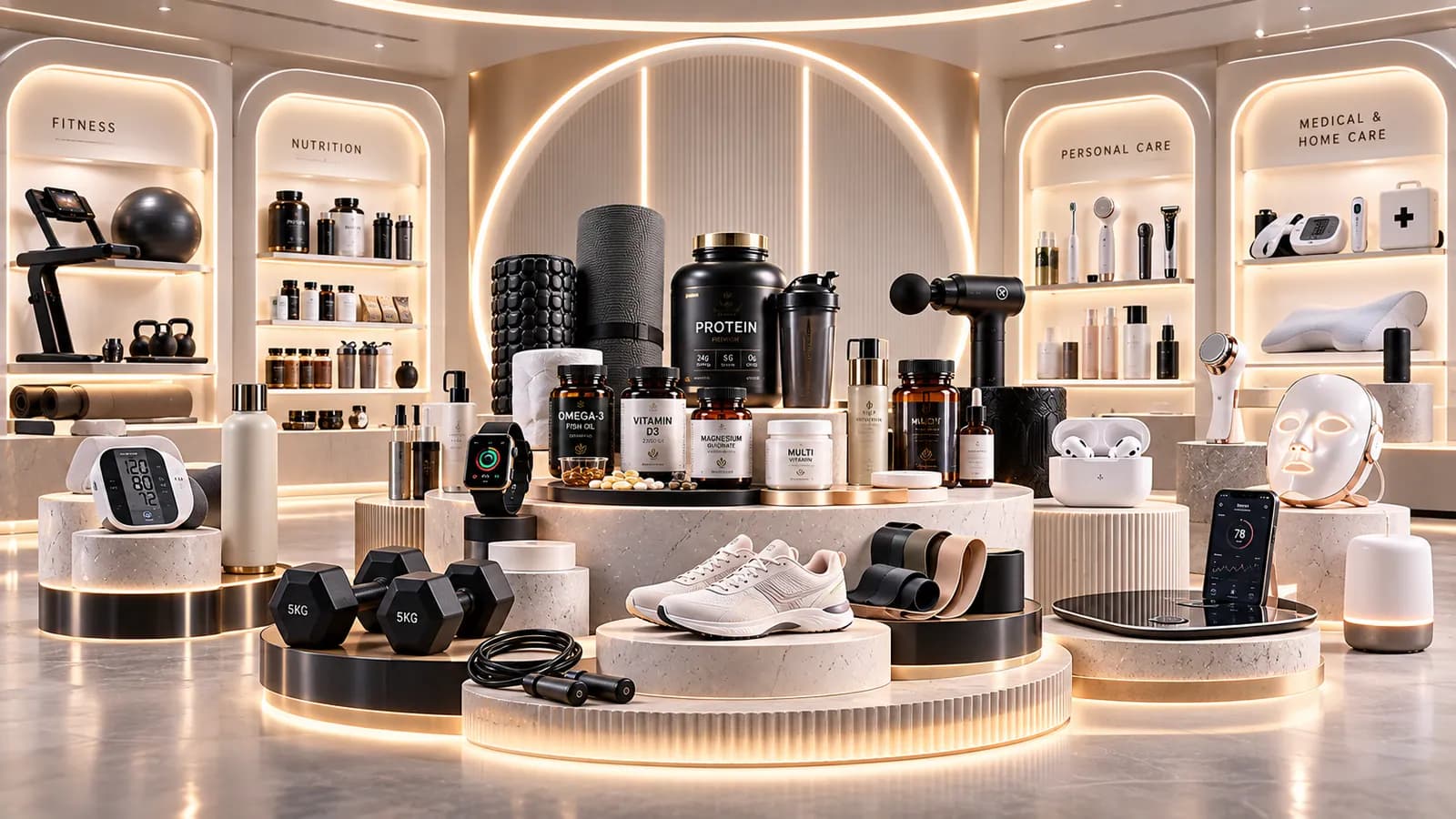 Health and wellness products: protein supplements, dumbbells, massage gun, smartwatch, trainers and personal care items