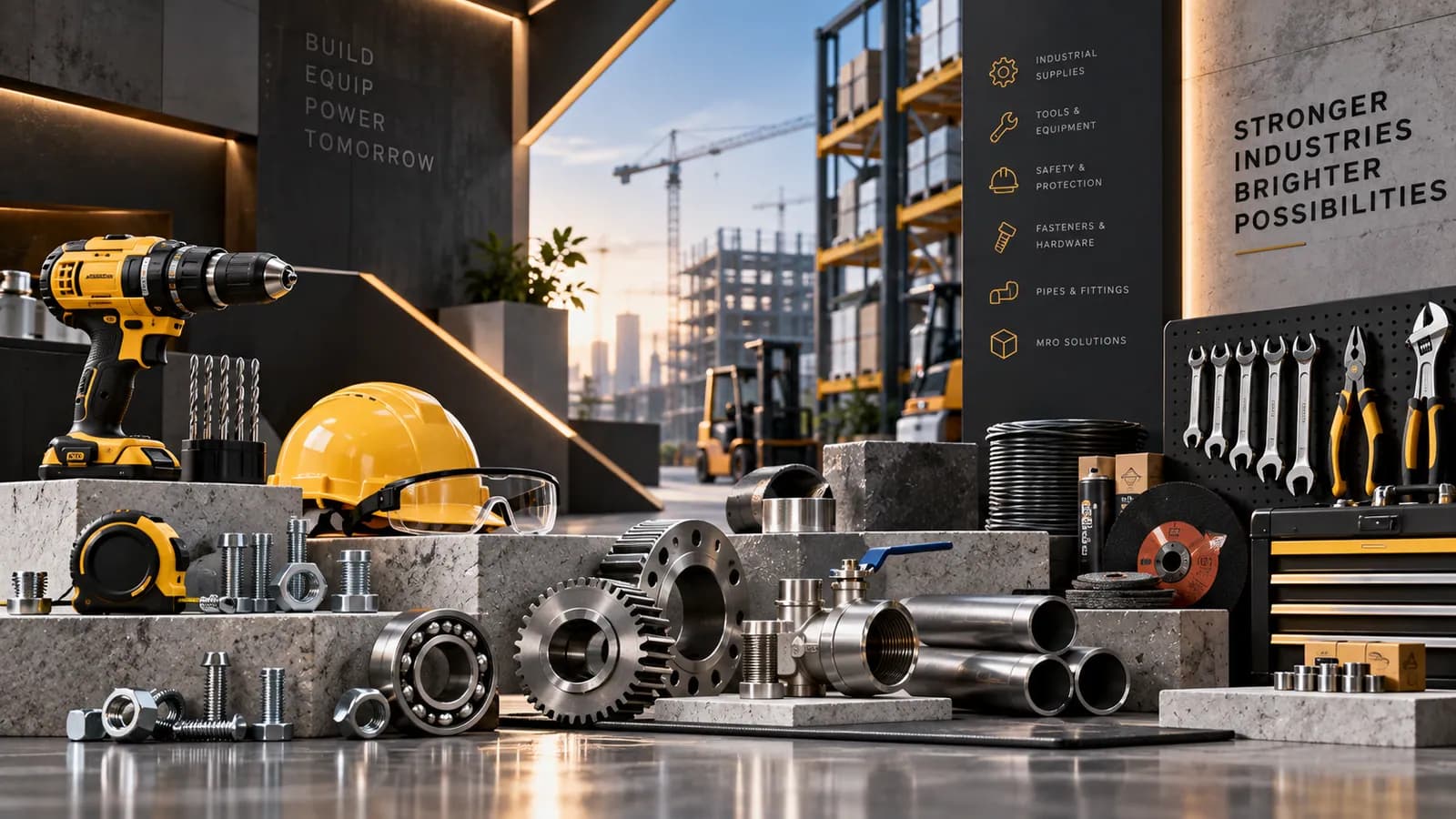Industrial hardware: cordless drill, safety helmet, gears, bearings, bolts, steel tubes and spanners near a building site