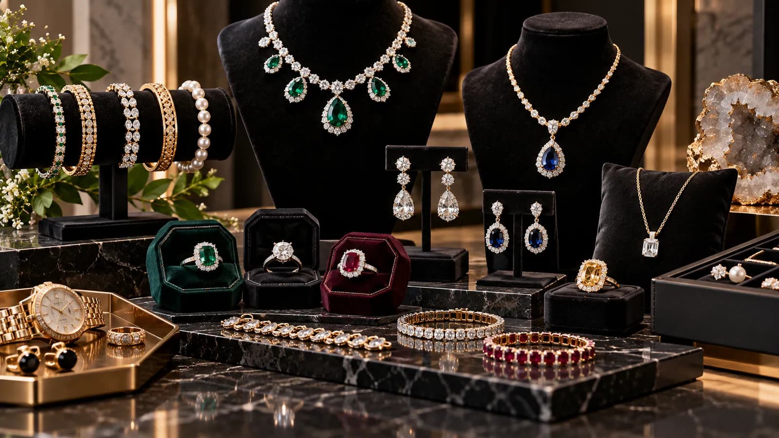 Jewelry display with diamond and gemstone necklaces, earrings, rings, bracelets and a watch