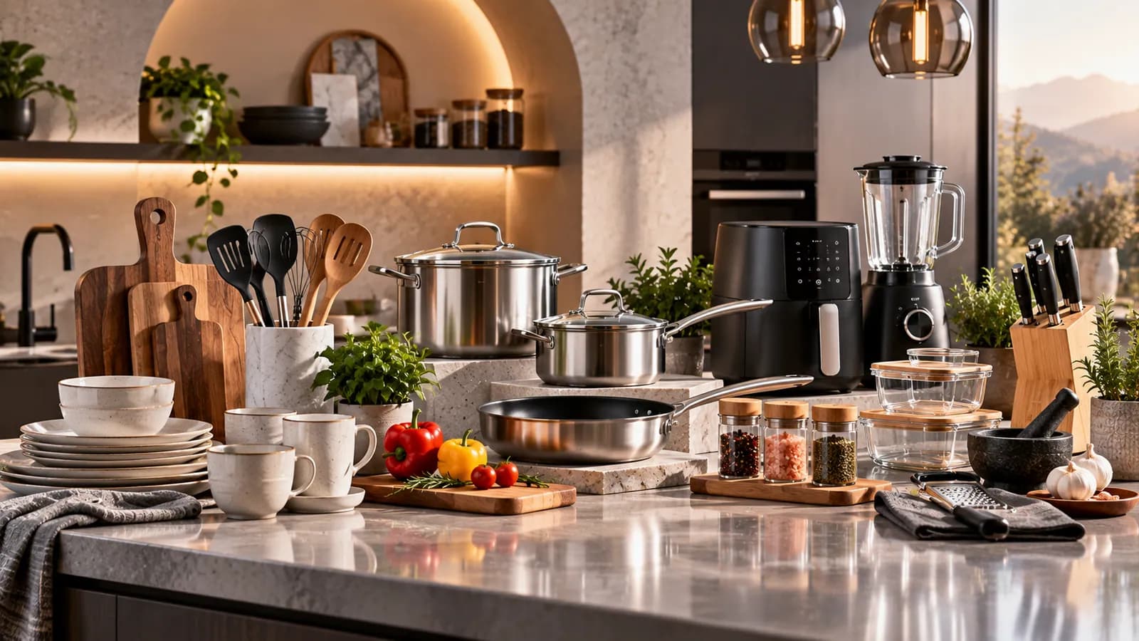 Modern kitchen with stainless steel cookware, utensils, knives, a blender, air fryer and tableware