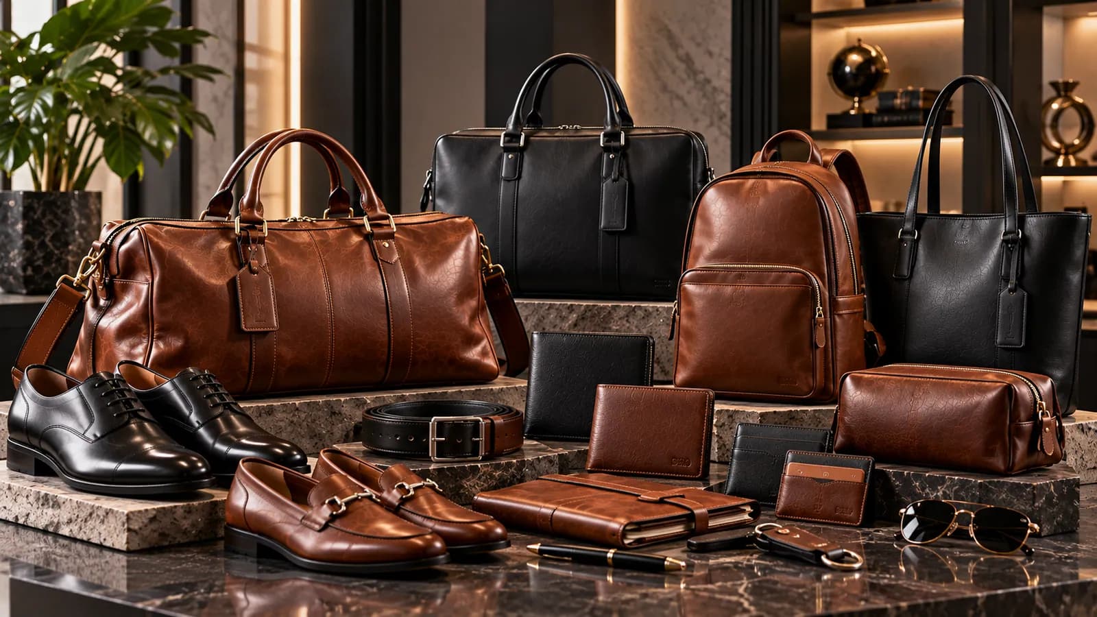 Leather goods collection: brown and black travel bags, a backpack, handbags, shoes, belts and wallets