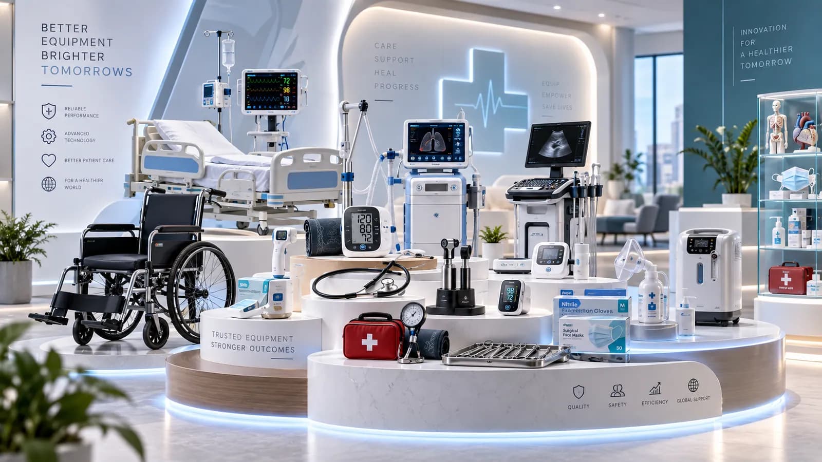 Medical equipment showroom with a hospital bed, wheelchair, patient monitors, ultrasound machine and first-aid kit
