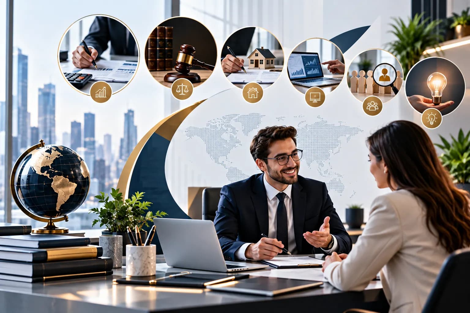 Business consultant advising a client at a desk, with a globe, laptop and city skyline behind them
