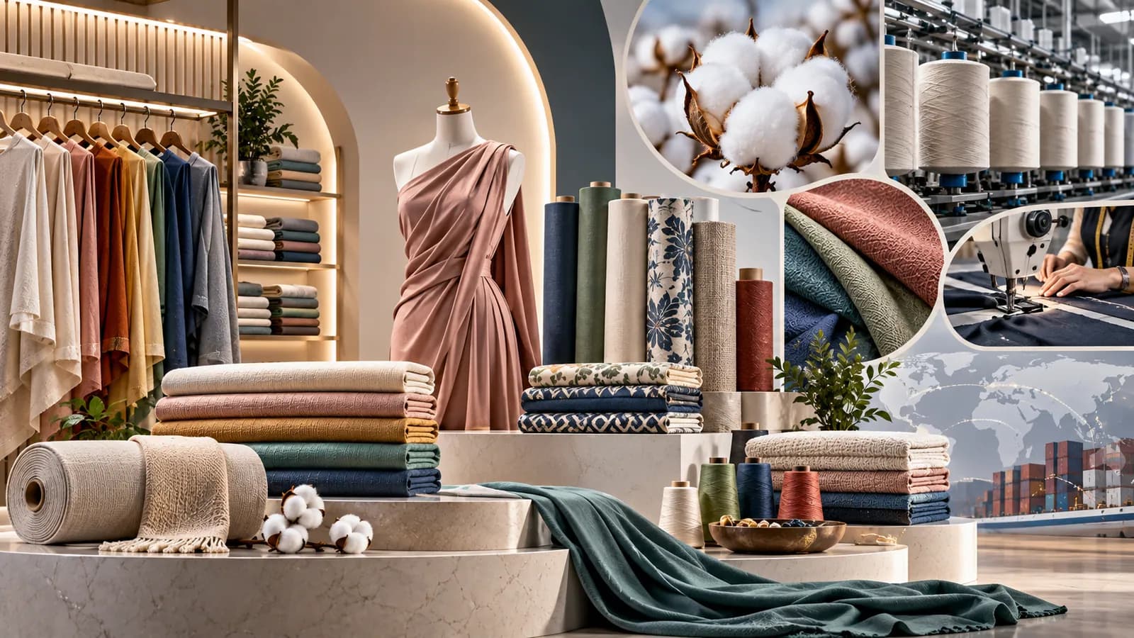 Textile showroom with fabric rolls, folded cloth, yarn spools, raw cotton and a draped dress on a mannequin