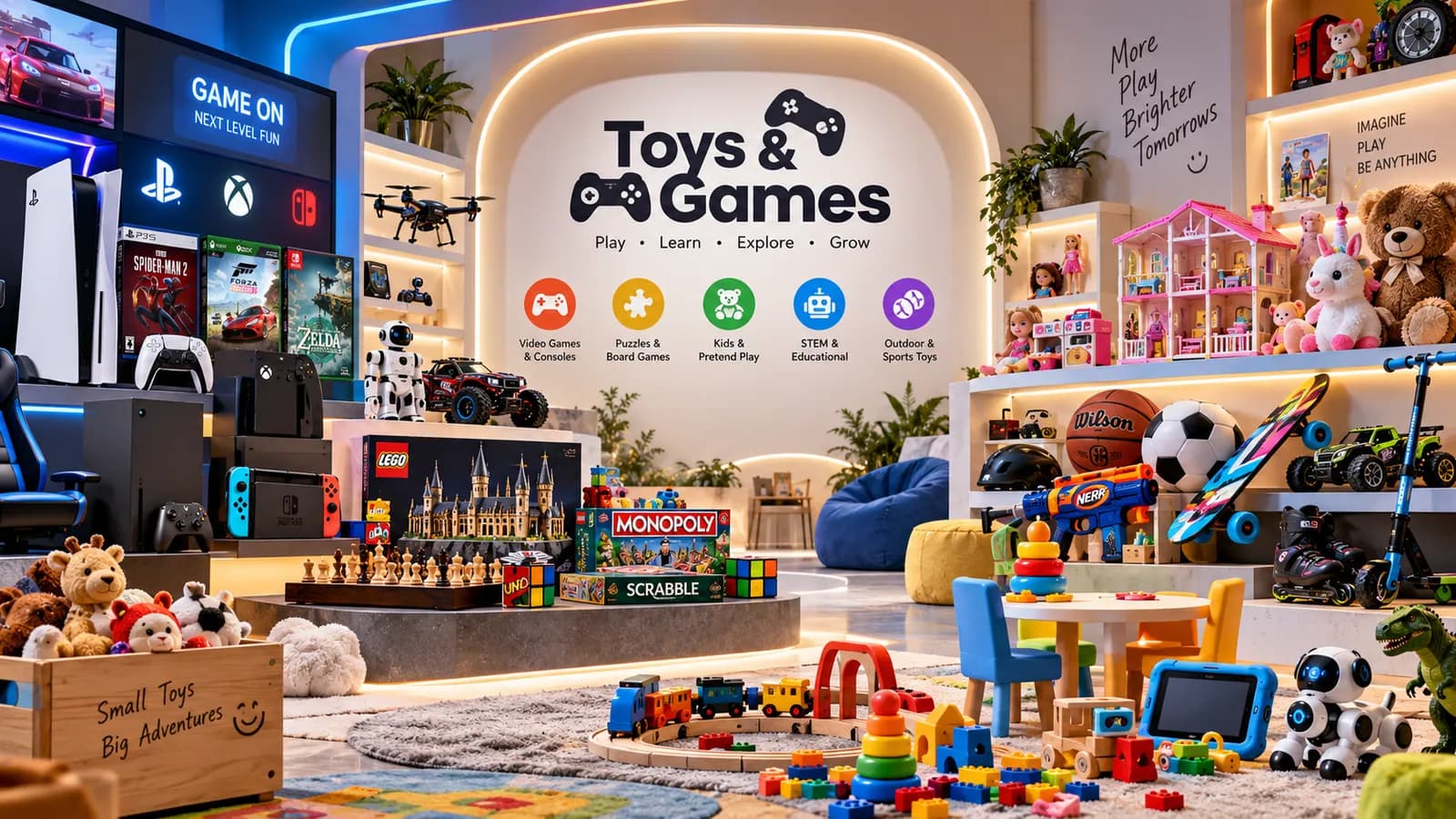Toys and games store with board games, a building-block castle, a dolls’ house, game consoles and soft toys