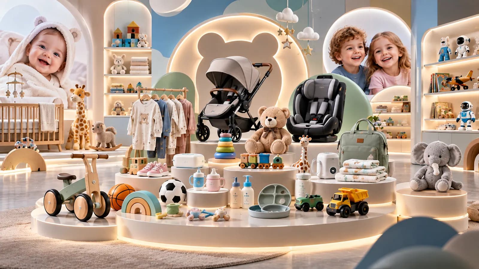 Baby and children’s products showroom with a stroller, car seat, clothing, soft toys and wooden toys